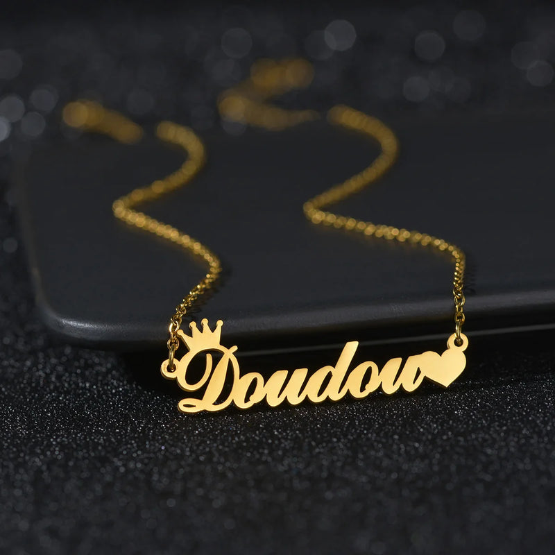 Atoztide Name Necklace Crown Heart Link Choker Pendant Jewelry Gift