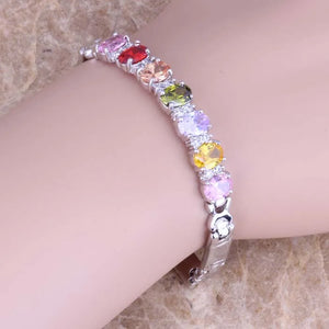 Multicolor CZ Silver Plated Chain Bracelet 7 inch