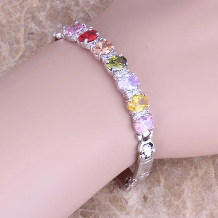 Multicolor CZ Silver Plated Chain Bracelet 7 inch