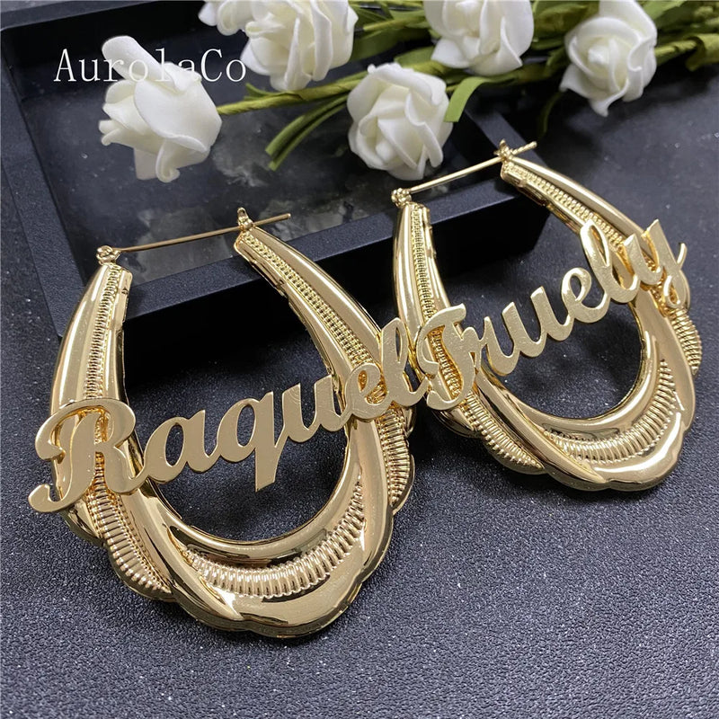AurolaCo 65mm Stainless Steel Bamboo Hoop Earrings Name Earrings
