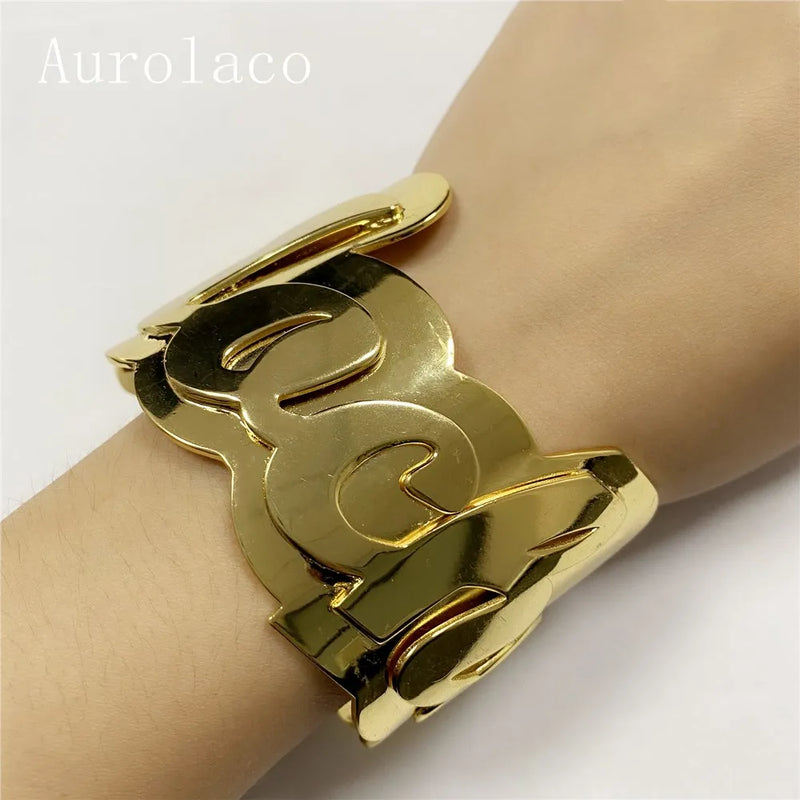AurolaCo Stainless Steel Name Bangle Women Nameplate Big Bracelet