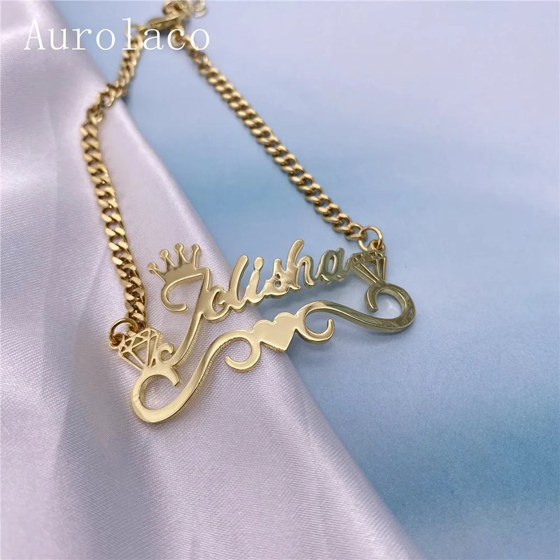 AurolaCo Name Bracelet with Heart Charm Stainless Steel Bracelet