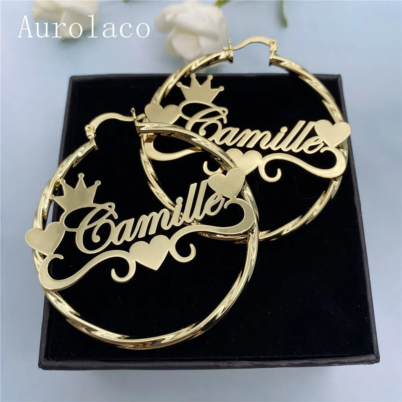 AurolaCo Stainless Steel Name Hoop Earrings with Heart for Women