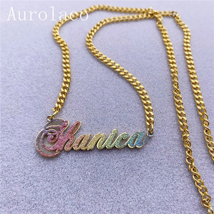 AurolaCo Bling Name Necklace Stainless Steel Cuban Chain Jewelry Gift