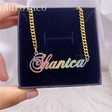 AurolaCo Bling Name Necklace Stainless Steel Cuban Chain Jewelry Gift