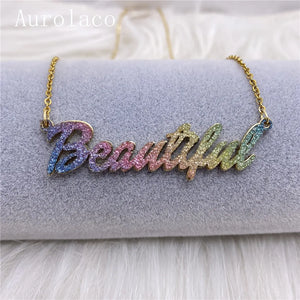 AurolaCo Name Necklace Bling Colorful Sticker Stainless Steel Women Gift