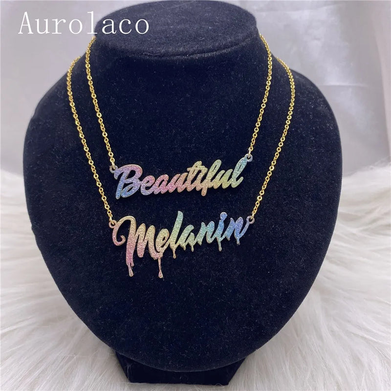 AurolaCo Name Necklace Bling Colorful Sticker Stainless Steel Women Gift