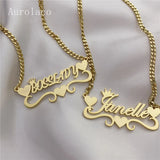 AurolaCo Name Necklace With Heart Stainless Steel Nameplate Cuban Chain