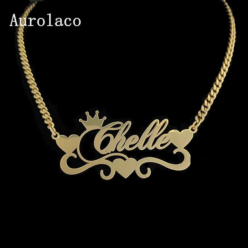 AurolaCo Name Necklace With Heart Stainless Steel Nameplate Cuban Chain