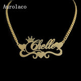 AurolaCo Name Necklace With Heart Stainless Steel Nameplate Cuban Chain