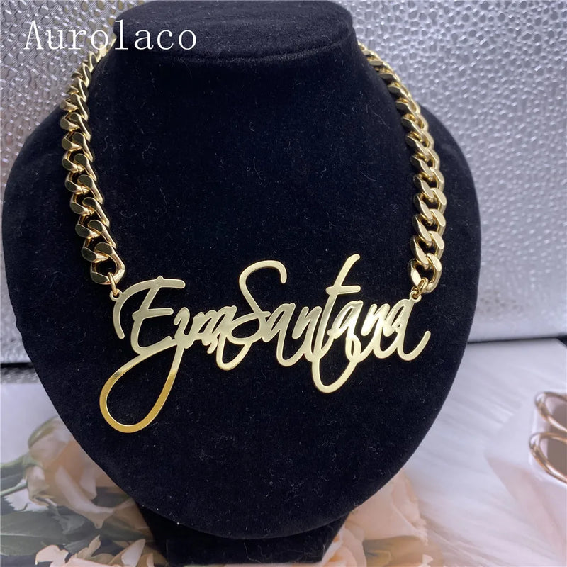 AurolaCo Name Necklace Zircon Cuban Chain Stainless Steel Letter Pendant