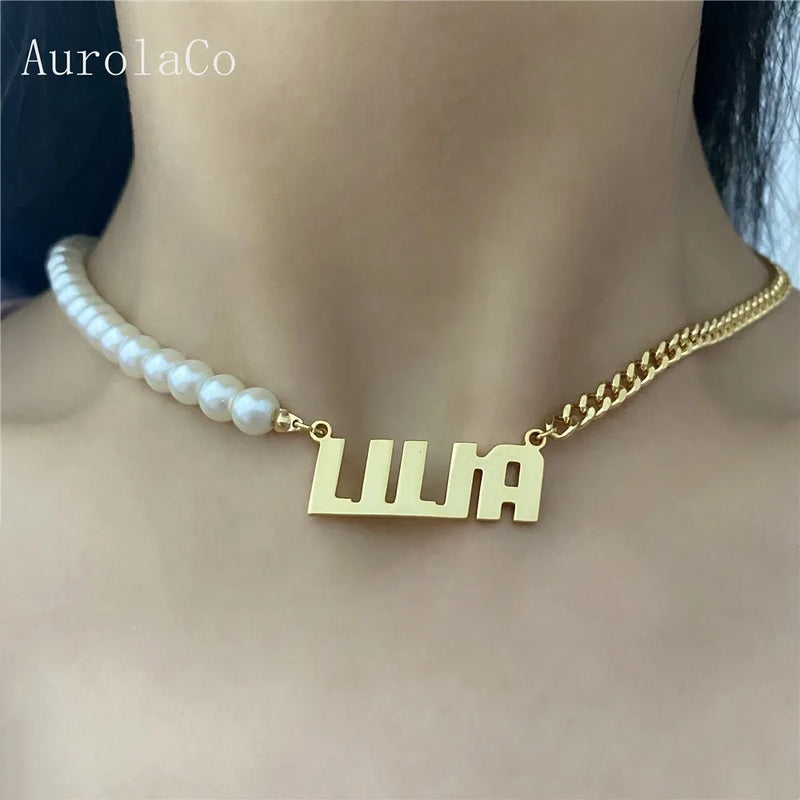 AurolaCo Personalized Pearl Name Necklace for Women