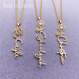 Aurolaco Flower Name Necklace Vertical Floral Handwriting Pendant