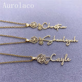 Aurolaco Flower Name Necklace Vertical Floral Handwriting Pendant