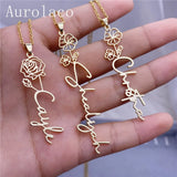 Aurolaco Flower Name Necklace Vertical Floral Handwriting Pendant