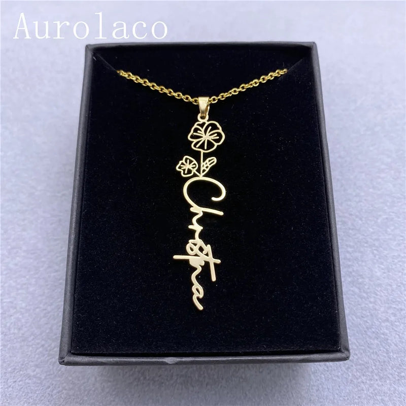 Aurolaco Flower Name Necklace Vertical Floral Handwriting Pendant