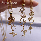 Aurolaco Flower Name Necklace Vertical Floral Handwriting Pendant