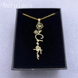 Aurolaco Flower Name Necklace Vertical Floral Handwriting Pendant
