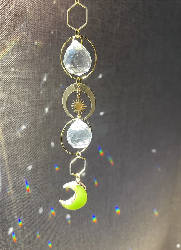 Aurora Borealis Crystals Suncatcher with Moon and Rainbow Prism