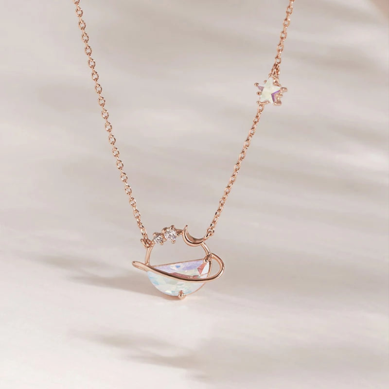 Aurora Water Drop Planet Star Moon Necklace Girl Clavicle Chain