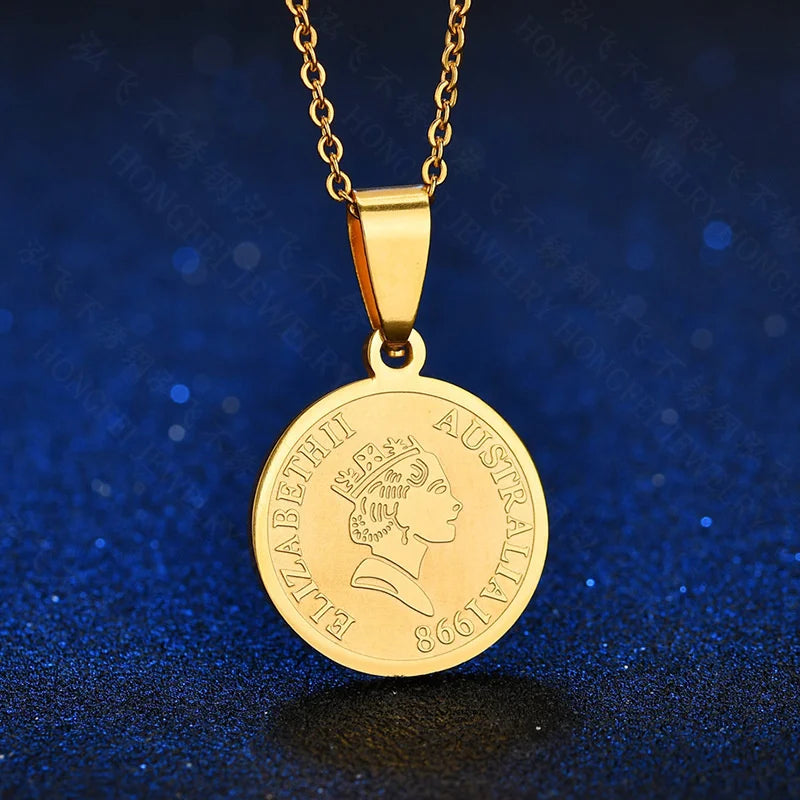 Australia Queen Elizabeth Coin Pendant Necklace Stainless Steel Jewelry