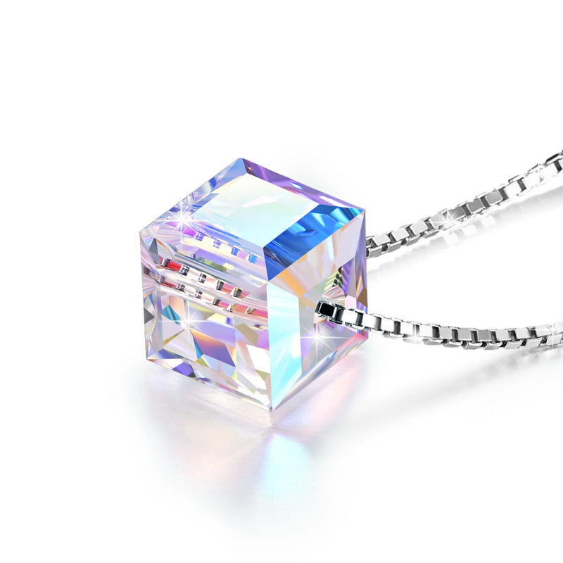 Crystal Sugar Cube Pendant Necklace 925 Silver Gift Chain