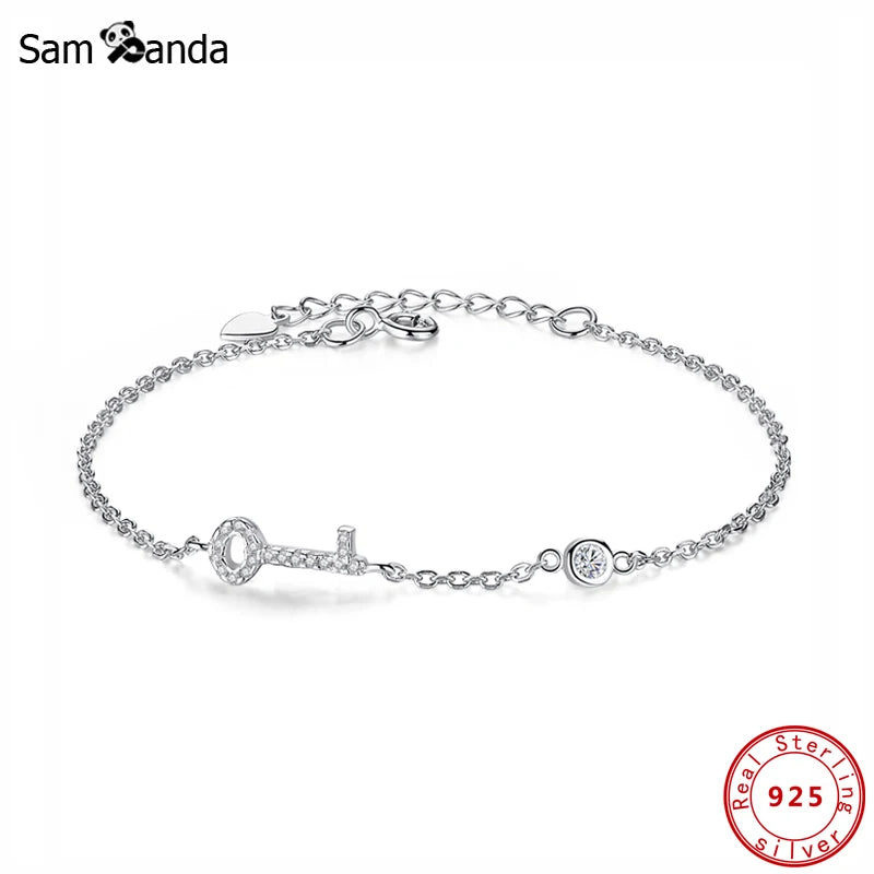 925 Silver Bracelet Key Lock Bangle CZ Crystal Love Chain