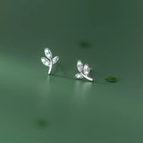 925 Silver Zircon Leaves Stud Earrings Drop