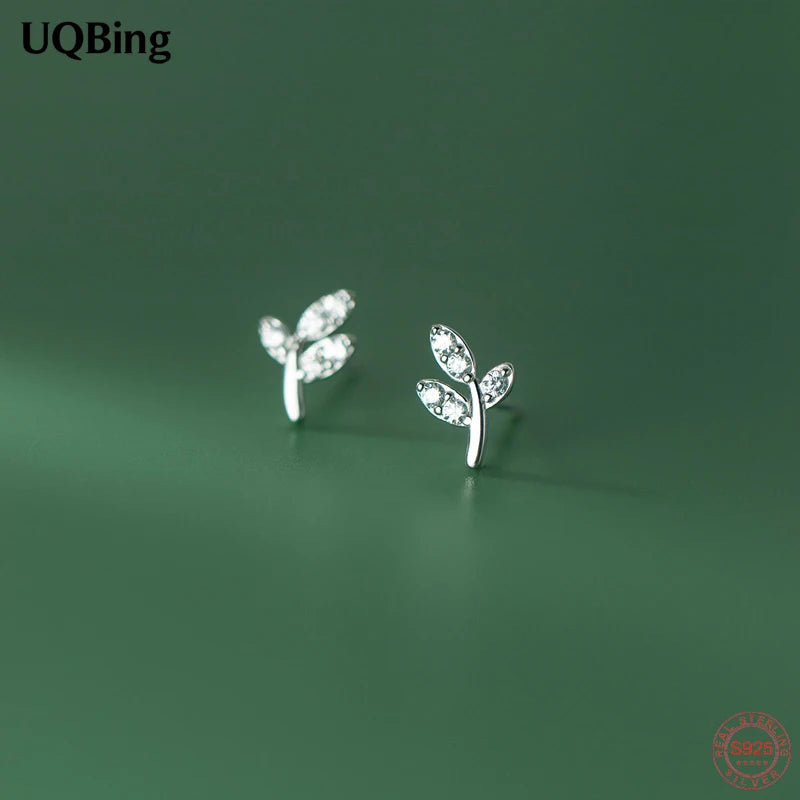 925 Silver Zircon Leaves Stud Earrings Drop