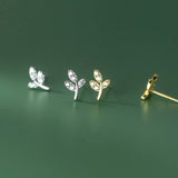 925 Silver Zircon Leaves Stud Earrings Drop