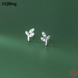 925 Silver Zircon Leaves Stud Earrings Drop