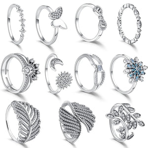 925 Sterling Silver Celestial Sun&Moon Leaves Snowflake Rings