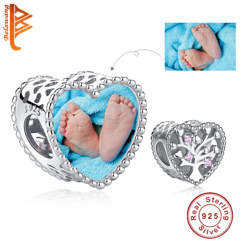 925 Sterling Silver Family Tree Beads Crystal Heart Charms For DIY Jewelry