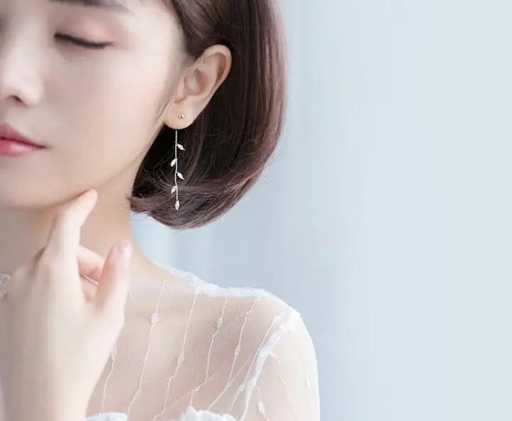 925 Sterling Silver Vine Branch Leaf Tassel Earrings