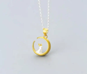 925 Sterling Silver Golden Rabbit Moon Pendant Necklace