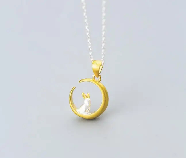 925 Sterling Silver Golden Rabbit Moon Pendant Necklace