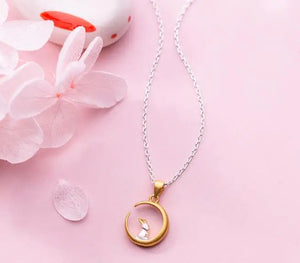 925 Sterling Silver Golden Rabbit Moon Pendant Necklace