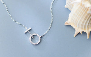 925 Silver CZ Open Circle & Bar Pendant Necklace
