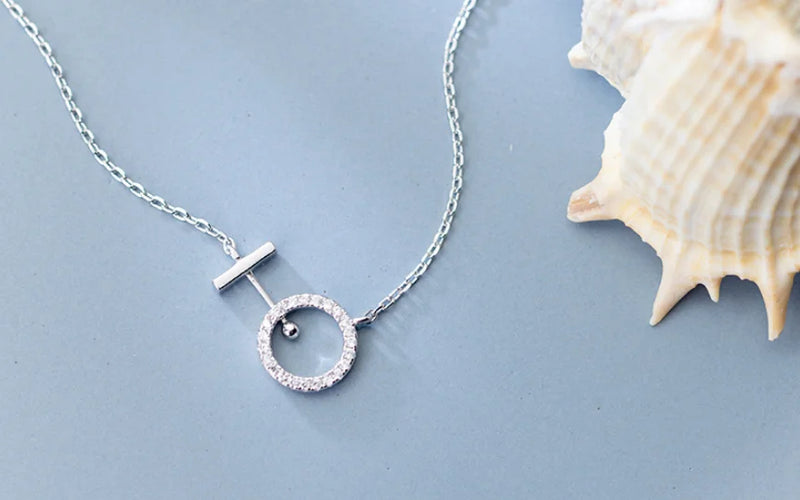 925 Silver CZ Open Circle & Bar Pendant Necklace