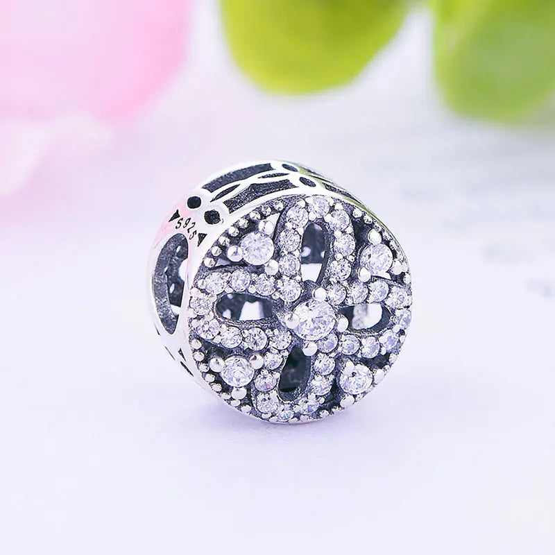 925 Silver Cross Shape Zircon Flower Bead Pan Charm Bracelet