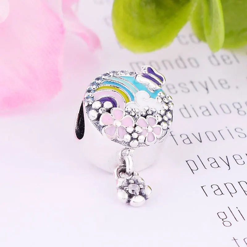 925 Silver Rainbow Enamel Flower Butterfly Bead for Pan Charm Bracelet
