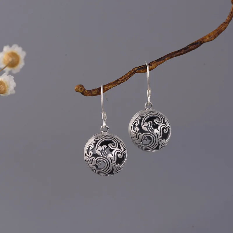 925 Silver Spray Hollow Beaded Drop Earrings Vintage Small Balls EH023