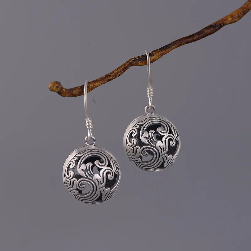 925 Silver Spray Hollow Beaded Drop Earrings Vintage Small Balls EH023