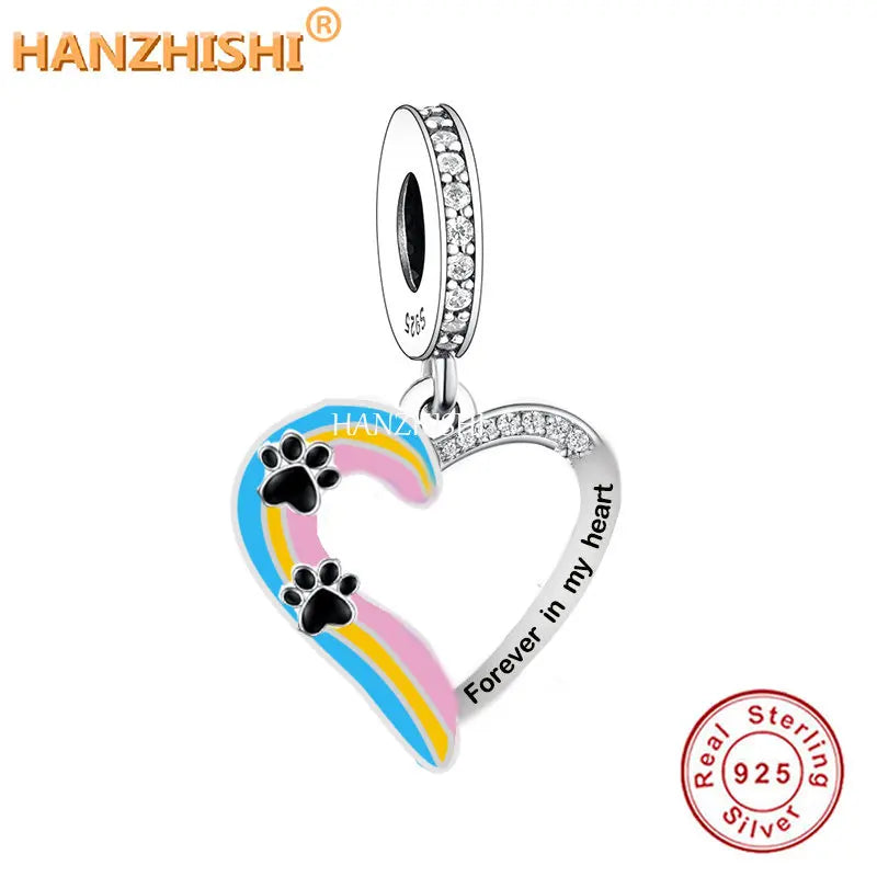 925 Silver Paw Print Heart Charm Bead for Bracelet Necklace