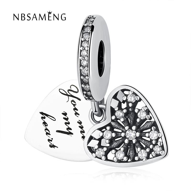 925 Silver Heart Crystal Dangle Pendants Bracelet Charms DIY Jewelry
