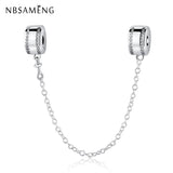 925 Sterling Silver Bead Charm Pave Crystal Safety Chain Charms