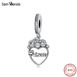 925 Silver Princess Crown Heart Dangle Charm Pendant for Bracelets