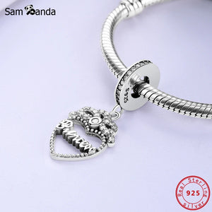 925 Silver Princess Crown Heart Dangle Charm Pendant for Bracelets