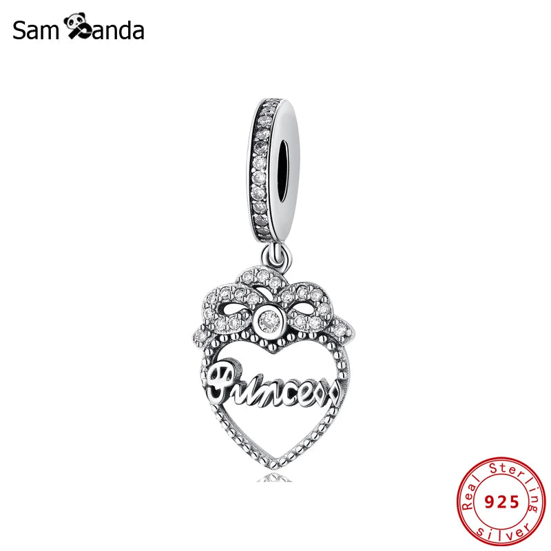 925 Silver Princess Crown Heart Dangle Charm Pendant for Bracelets