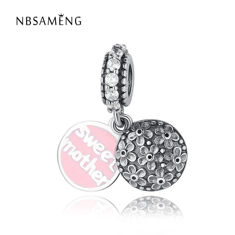925 Silver Bead Charm Daisy Pink Enamel Mother Pendant DIY Bracelet Bangle